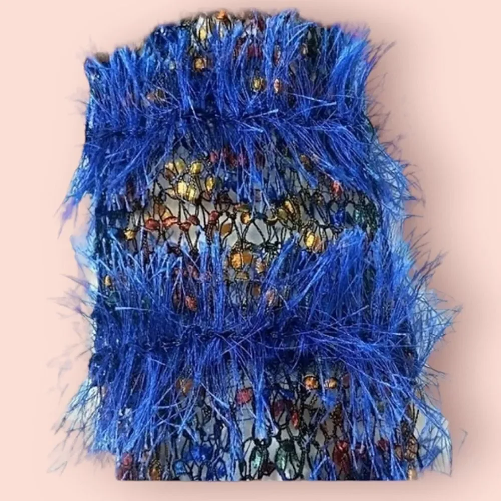 Hand-Knit Cobalt Blue Fringe Bead Embellished Tassel Skinny Scarf